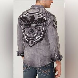 Roar Cavalier Aviation Edition Men’s Gray Distressed Embroidered Button Shirt XL